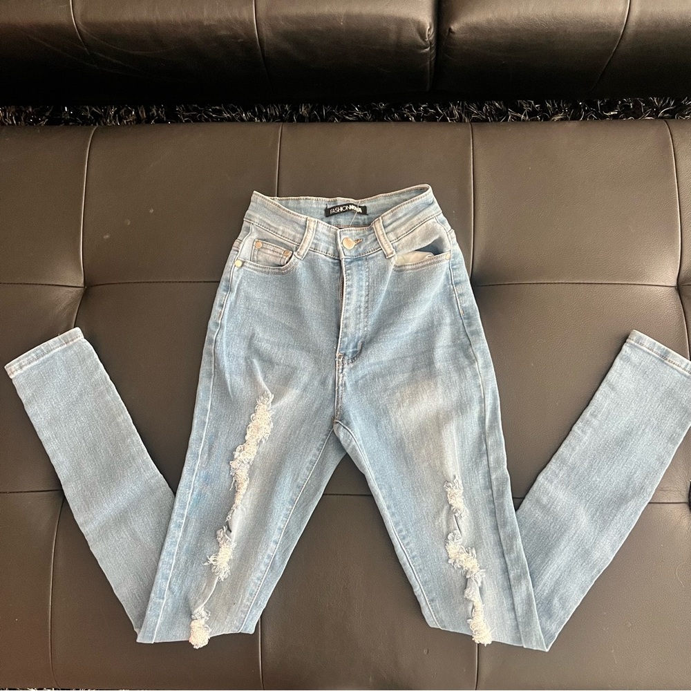 Fashion Nova Light Blue Distressed Skinny Jeans